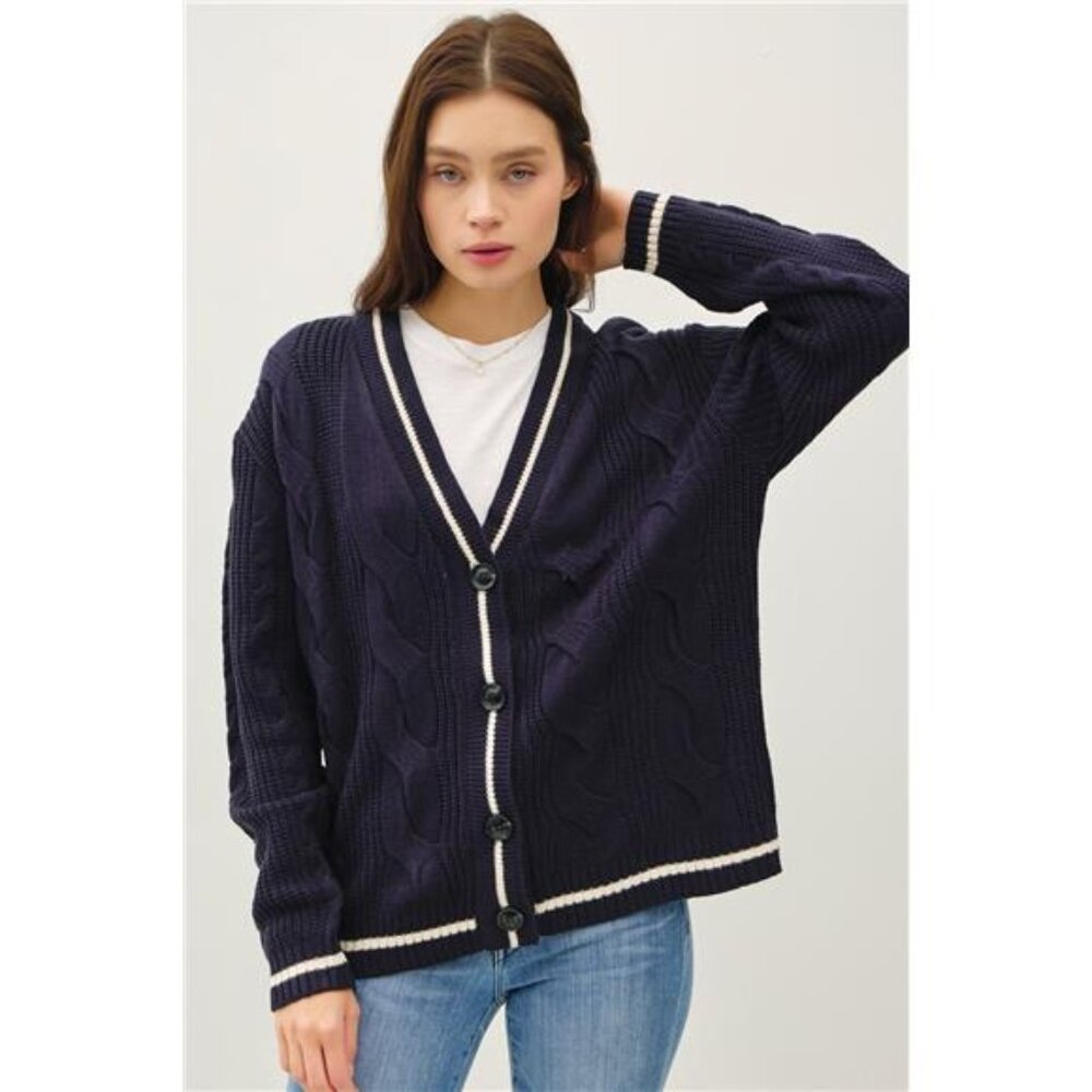 nwt‎ Be Cool Contrast Trim Cable-Knit V-Neck Cardigan